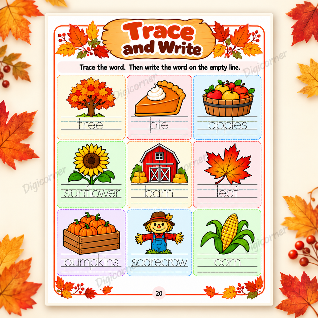 Autumn Activity Book preview - trace and write activity with DigiCorner watermark