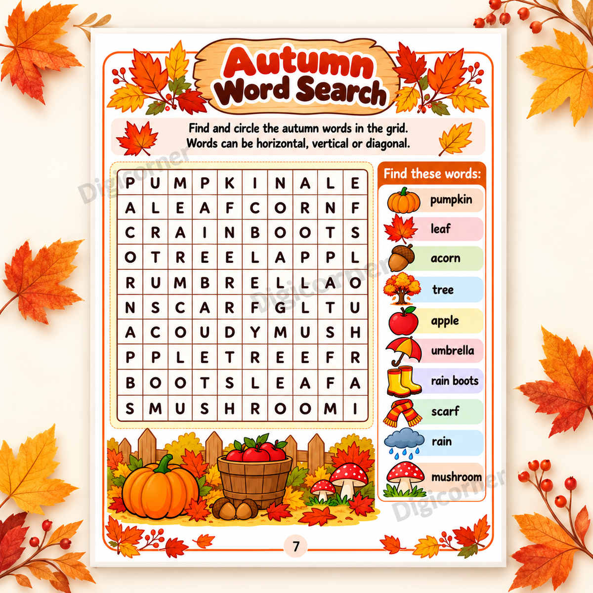 Autumn Activity Book preview - word search activity with DigiCorner watermark