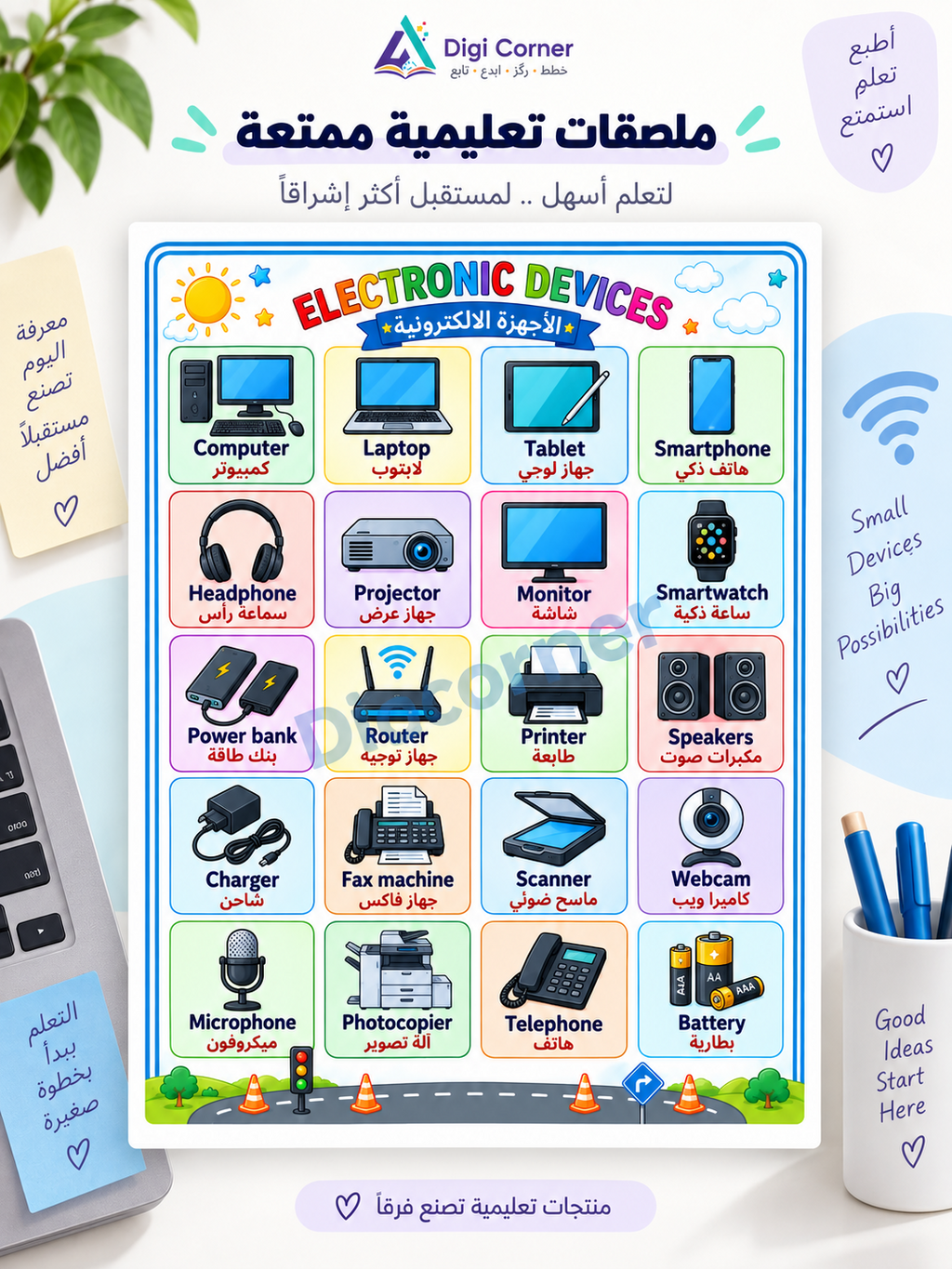 ملصق تعليمي للأجهزة الإلكترونية باللغة الإنجليزية والعربية - Digi Corner