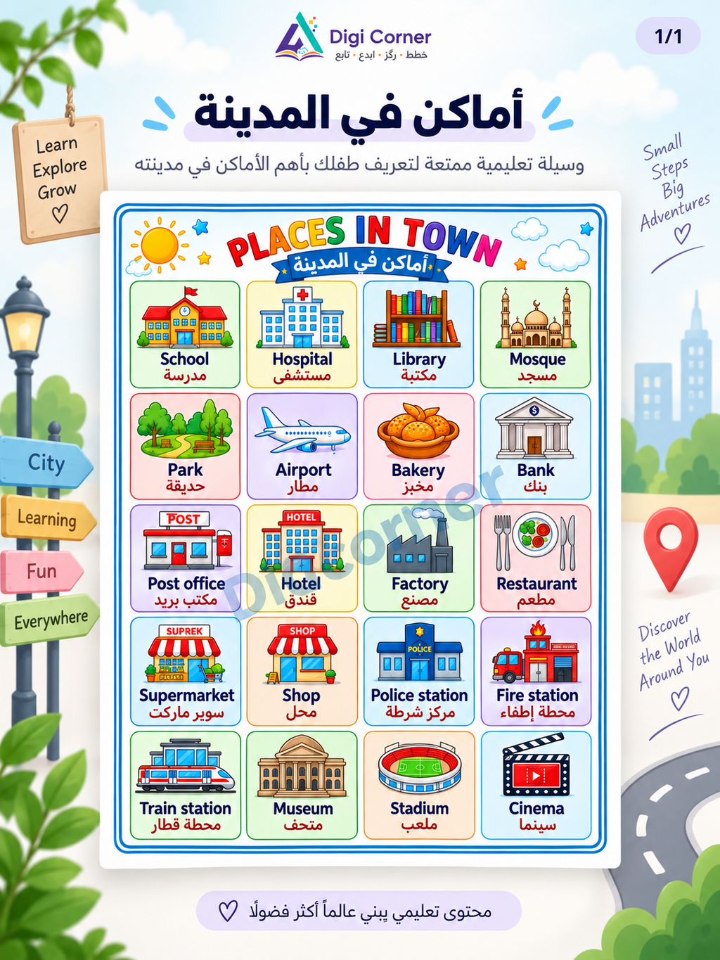 أماكن في المدينة باللغة الإنجليزية والعربية - Digi Corner