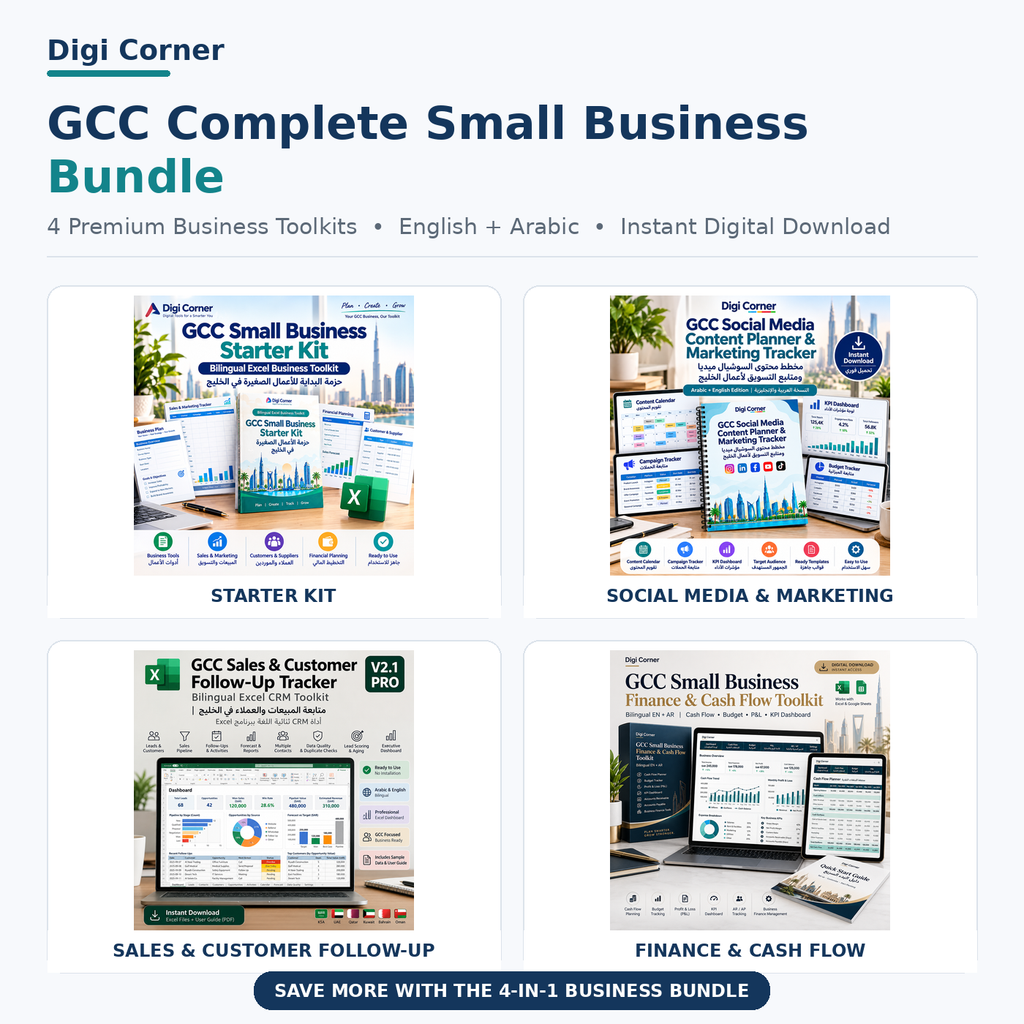 GCC Complete Small Business Bundle with four bilingual Excel business toolkits