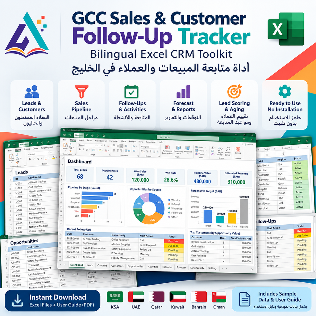 GCC Excel CRM workbook overview with leads, customers and pipeline
