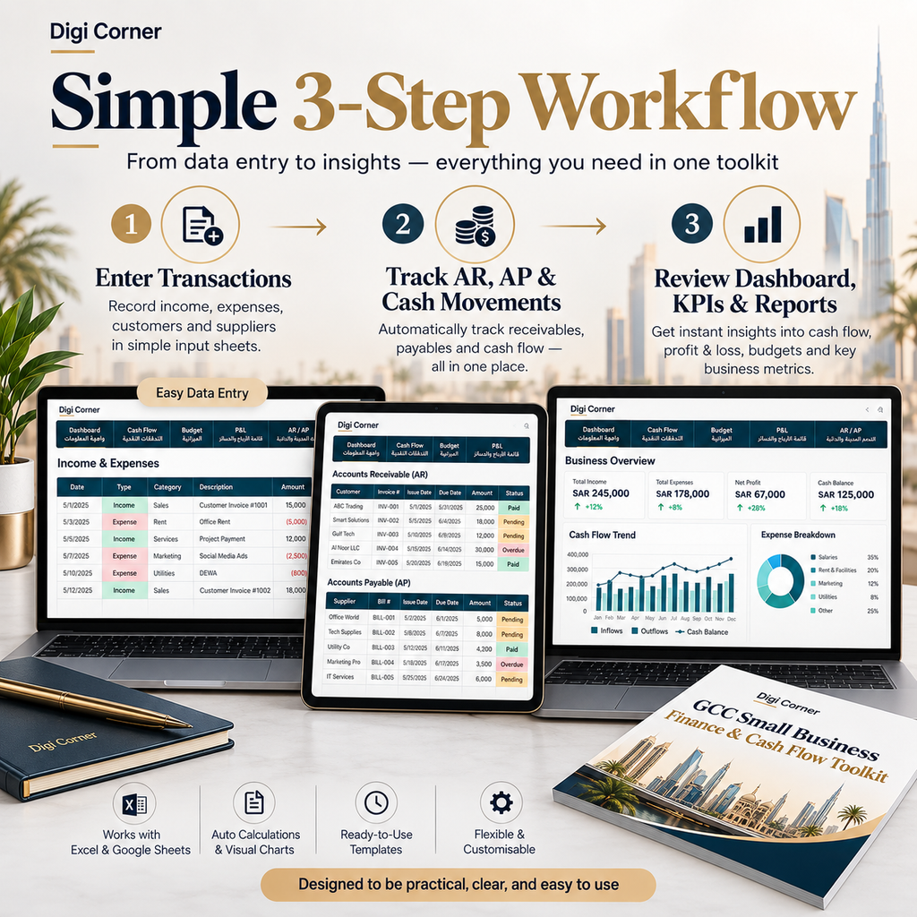 Three-step workflow for transactions, AR AP and financial dashboards