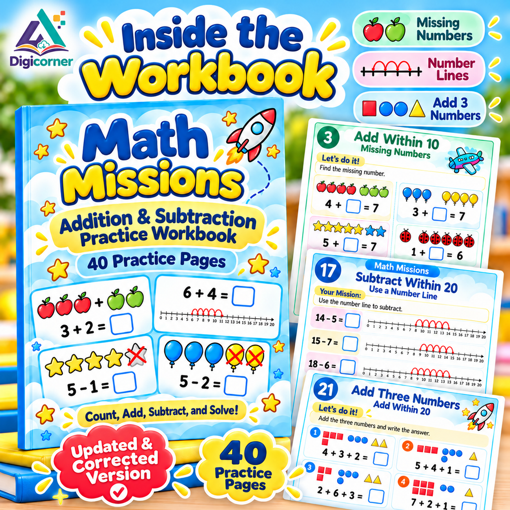 Math Missions inside the workbook - addition subtraction missing numbers and number lines