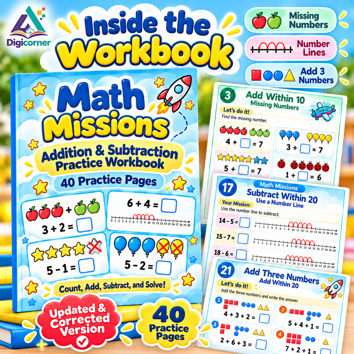 Math Missions inside the workbook - addition subtraction missing numbers and number lines