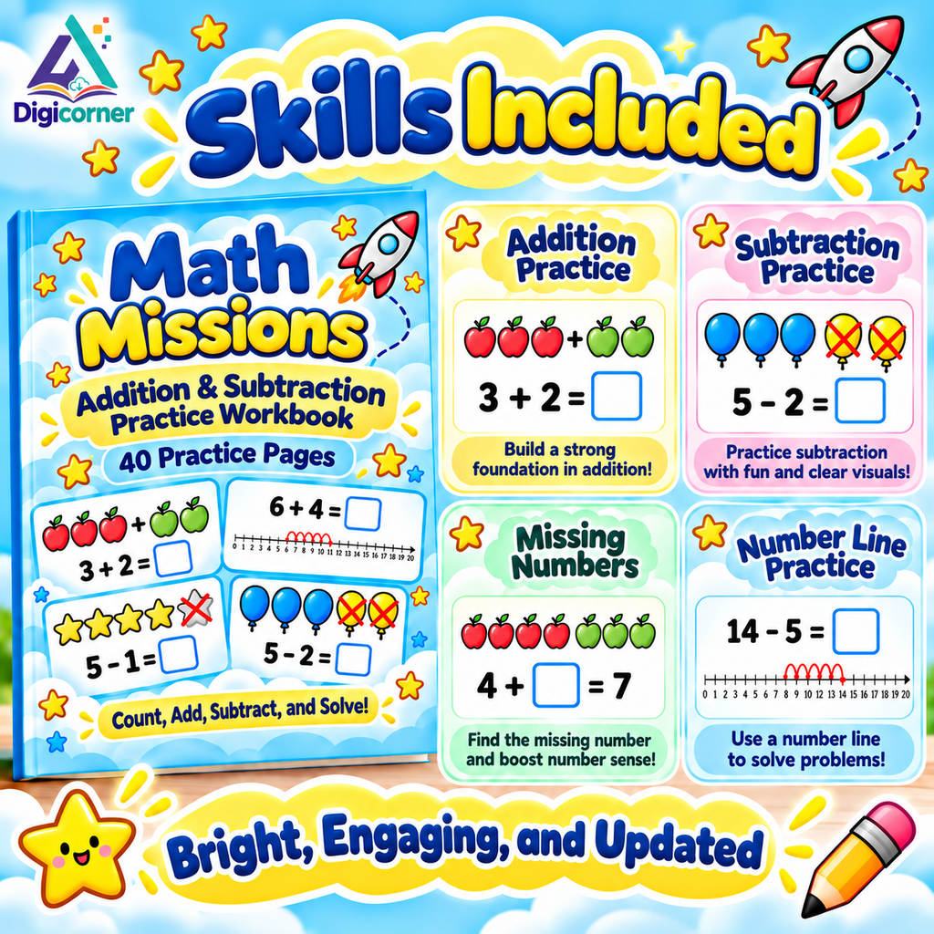 Math Missions printable workbook preview - 40 practice pages