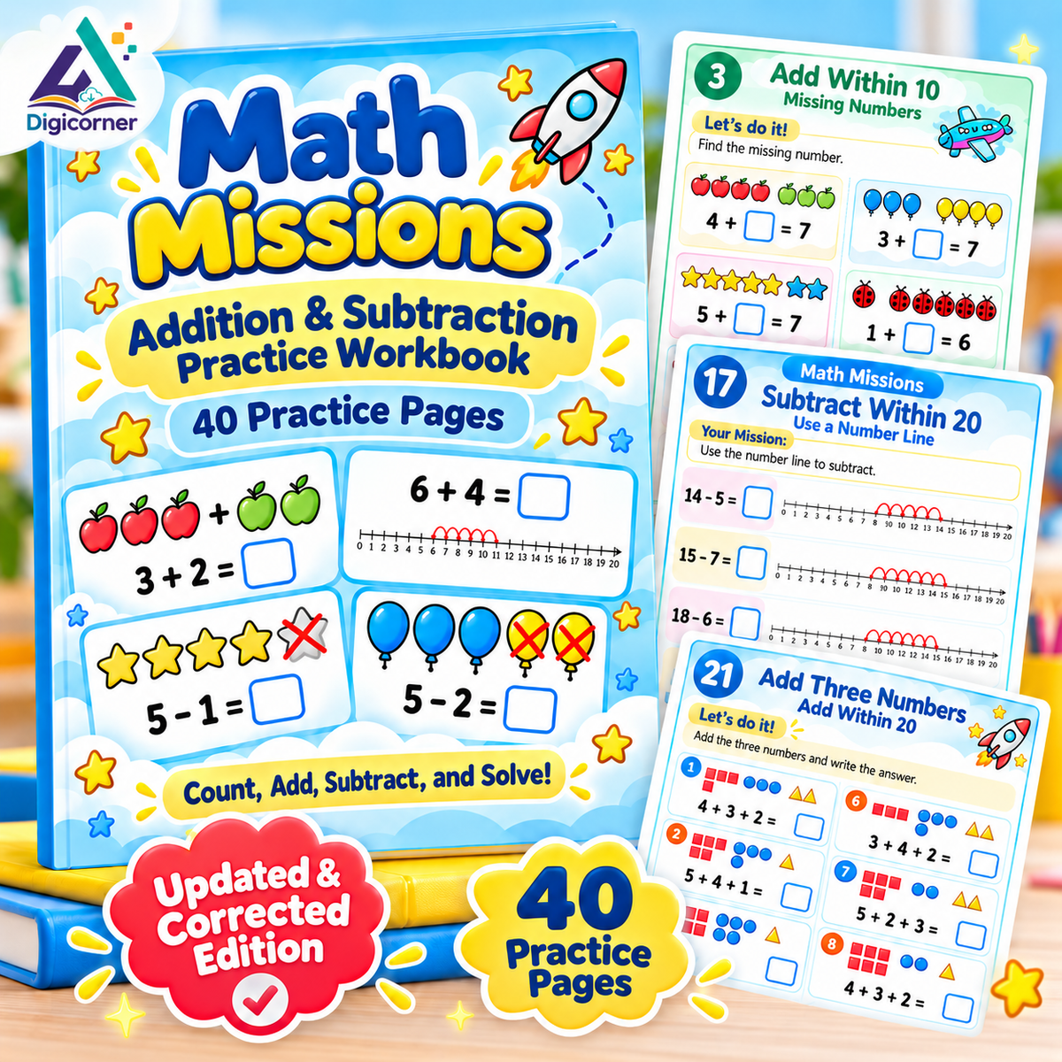 Math Missions skills included - addition subtraction missing numbers and number line practice